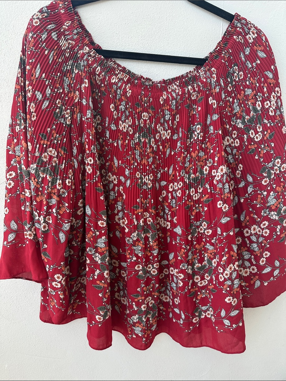 Max Studio Red Floral Smocked Off-the-Shoulder Blouse - Picture 3 of 6